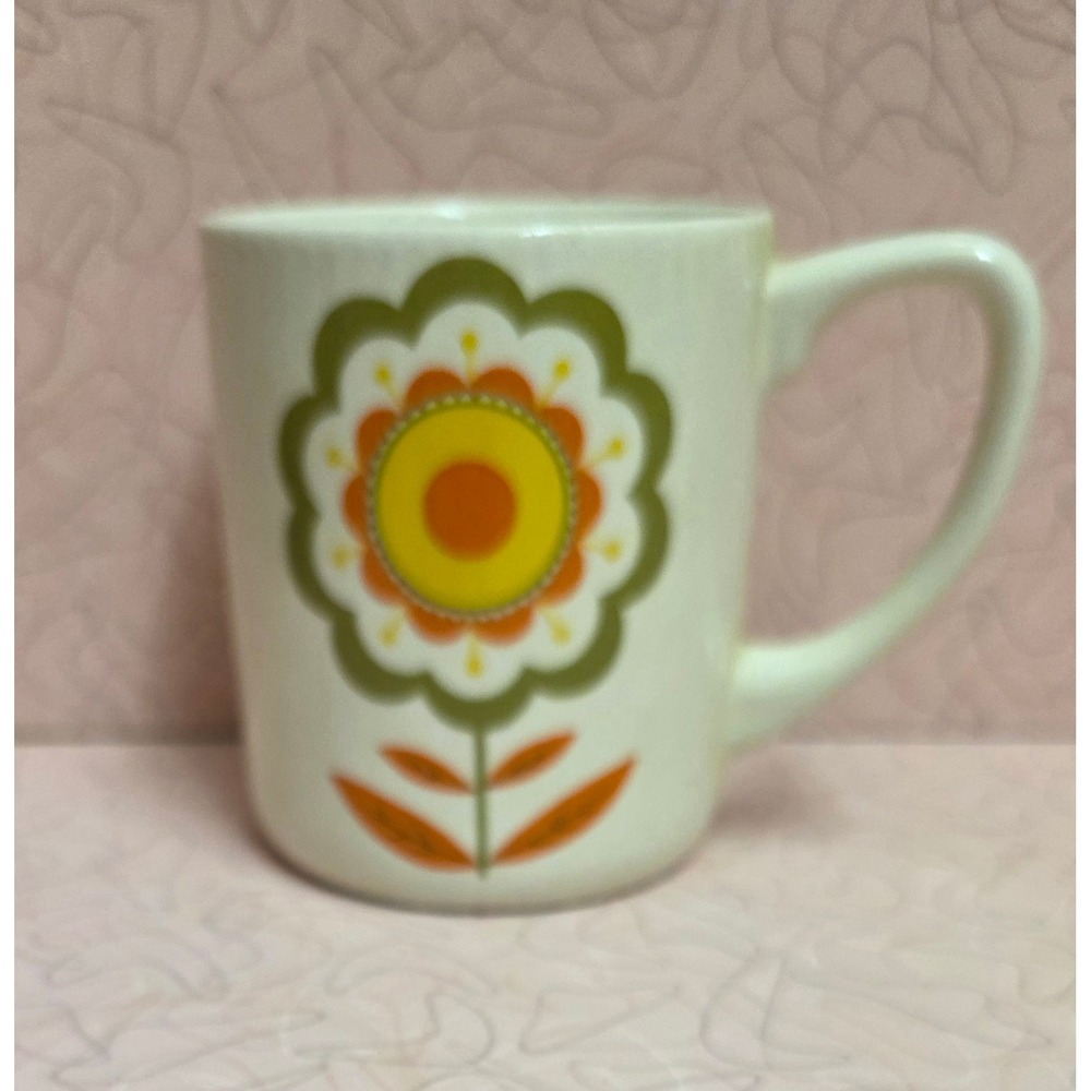 Vintage Japan Retro Floral Coffee Mug Orange Yellow Green Flower Crazed Ceramic